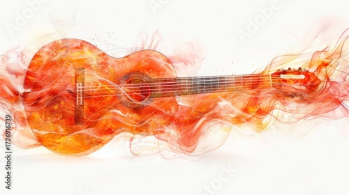 Vibrant Acoustic Guitar Surrounded by Fiery Swirls of Colorful Smoke and Energy, Representing Passion and Musical Expression