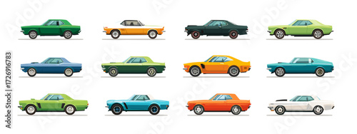 Collection of vintage cars in various colors
