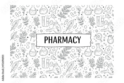 Pharmacy scientific illustrations of medicinal plants and chemistry concepts in a colorful design. Vector illustration