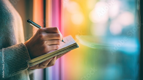 Person writing in notebook indoor