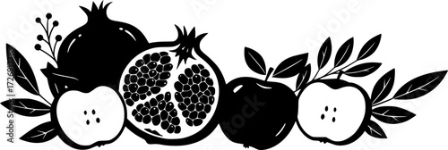 Floral monochrme vector banner for Rosh Hashanah celebration with pomegranate, apples, bee, leaves. Happy and sweet new year in hebrew. Concept of jewish New Year symbols. Flat illustration