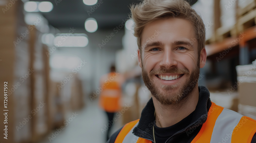 Naklejka premium Smiling warehouse worker portrait in industrial setting with safety and logistics focus