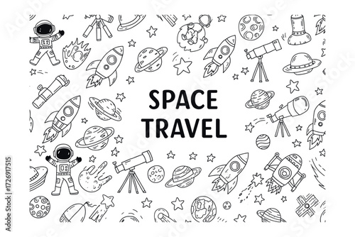 Exploring space travel adventures outer space cosmic environment bird's eye view imagination for kids. Vector illustration