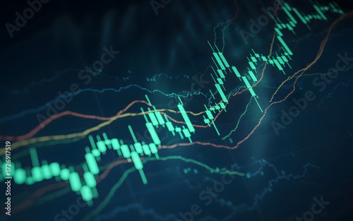 Green stock market candlestick chart with upward trend and bollinger bands