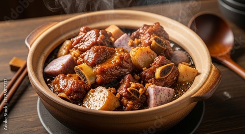 A hearty pot of braised pork ribs with purple sweet potatoes and tofu, steaming in a clay pot.