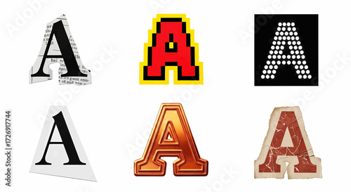 Assorted typographic letter A styles set vector illustration