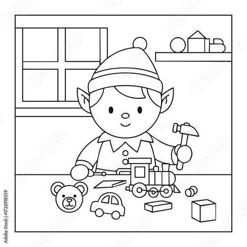 A cheerful character engaged in crafting toys, showcasing creativity and playfulness in a cozy indoor setting.