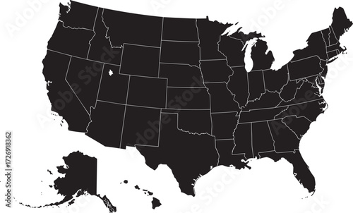 United States silhouette map, black USA outline, state borders vector, blank American geography template, political map illustration, editable country shape