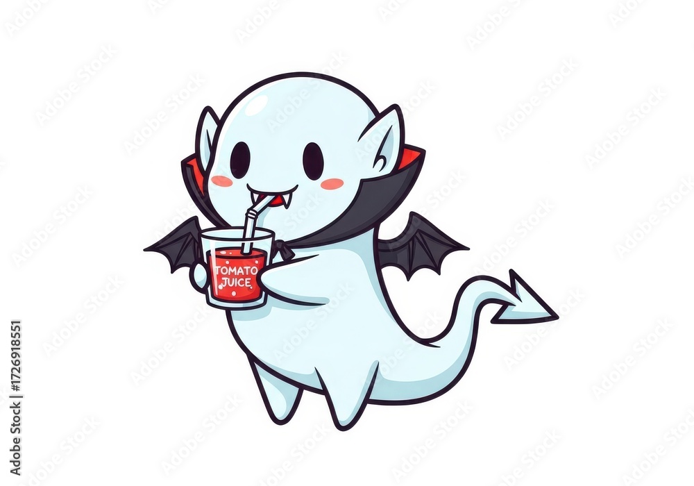 Fototapeta premium Cute cartoon vampire ghost character drinking tomato juice image