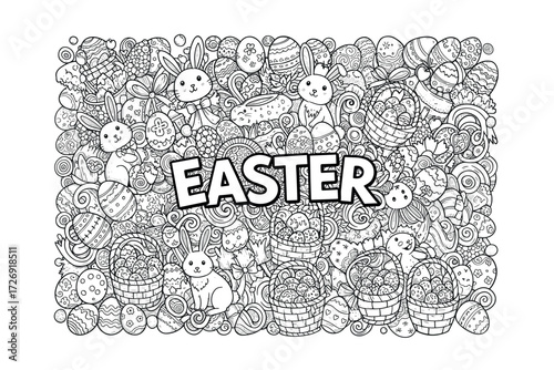 Easter celebration coloring activity home digital festive environment bird's eye view creative fun. Vector illustration