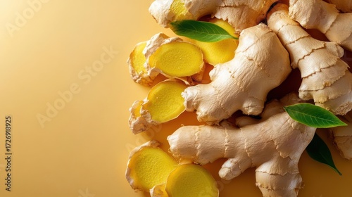 Fresh ginger rhizomes and vibrant green leaves against a warm background for wellness and spice