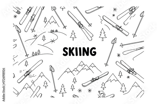 Skiing adventure mountain resort winter wonderland aerial view fun and excitement. Vector illustration