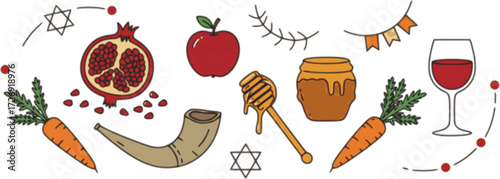 Minimalist vector design featuring Rosh Hashanah icons – pomegranate, apple, honey dipper, shofar, carrot and festive wine glass. Joyful holiday illustration with clean lines