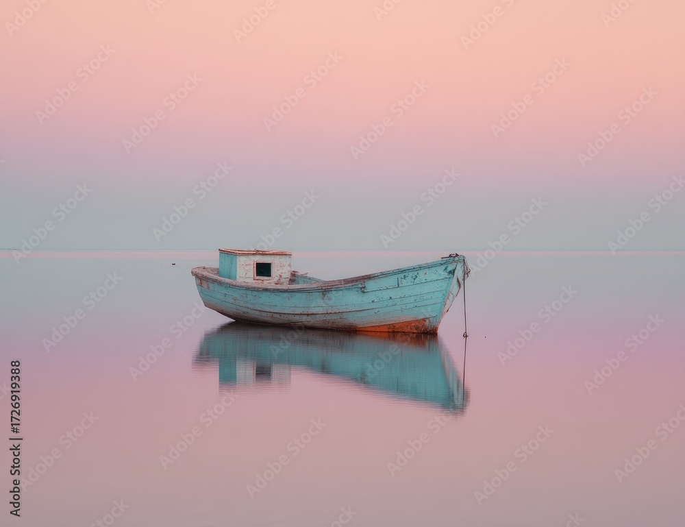Naklejka premium Tranquil, pastel-hued sunrise over still water, antique teal boat