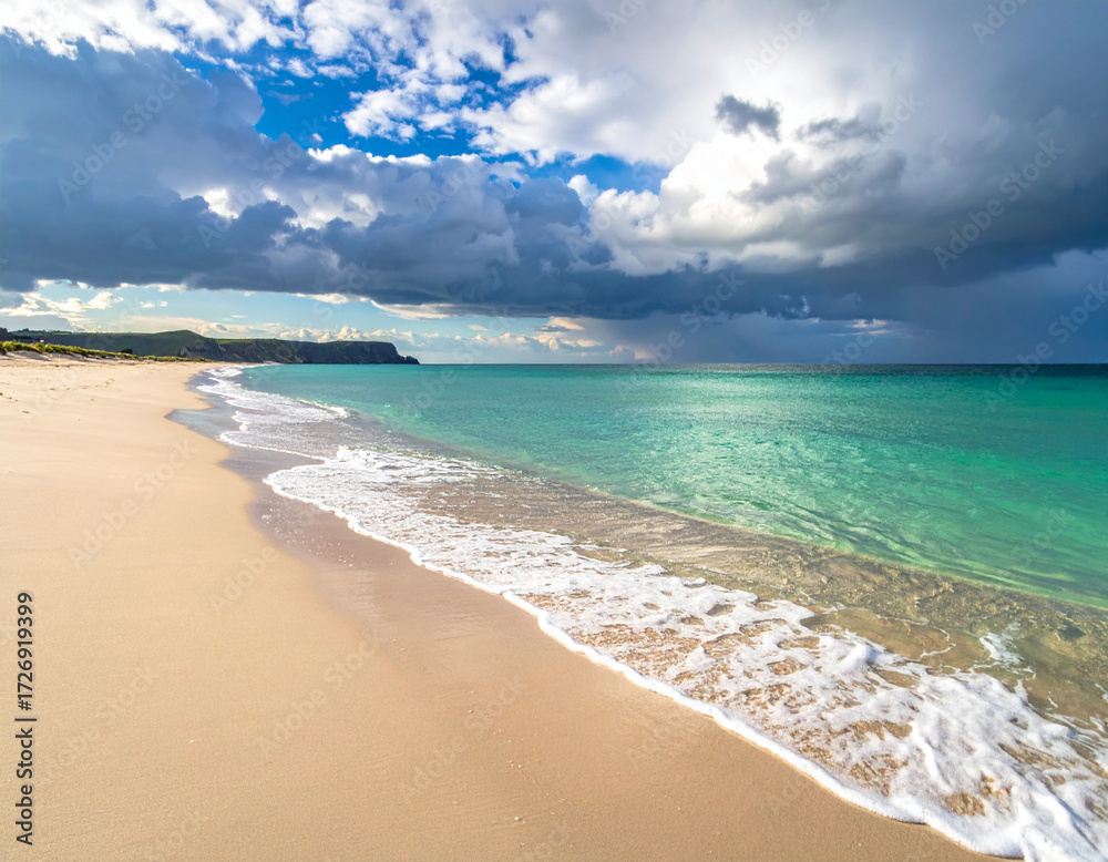 Obraz premium A serene view of Bureh beach with soft sand, clear waters, and a dramatic horizon.