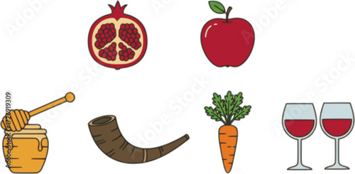 Minimalist vector design featuring Rosh Hashanah icons – pomegranate, apple, honey dipper, shofar, carrot and festive wine glass. Joyful holiday illustration with clean lines