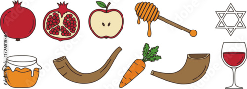 Minimalist vector design featuring Rosh Hashanah icons – pomegranate, apple, honey dipper, shofar, carrot and festive wine glass. Joyful holiday illustration with clean lines