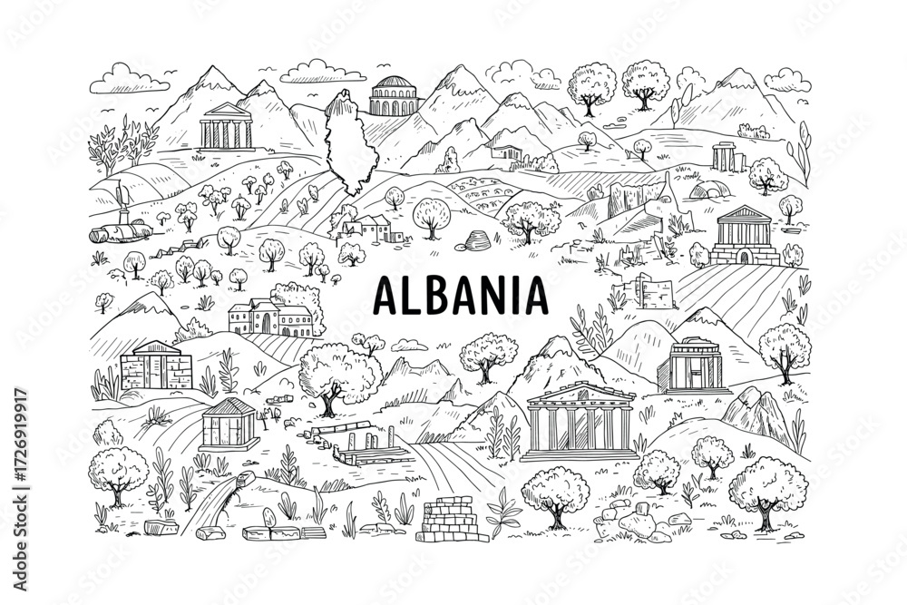 Obraz premium Exploring albanian landscapes scenic views nature illustrations artistic cartography. Vector illustration