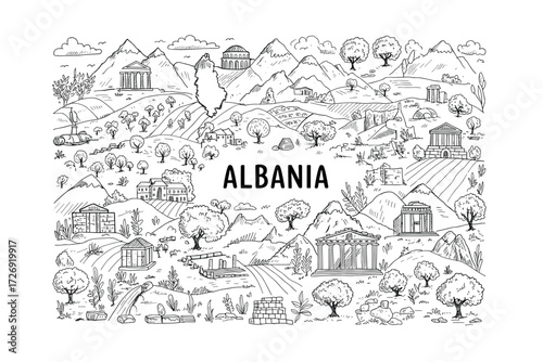 Exploring albanian landscapes scenic views nature illustrations artistic cartography. Vector illustration