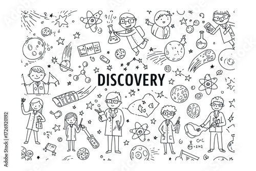 Scientific discovery event featuring scientists and experiments in a fun environment with creative doodles. Vector illustration