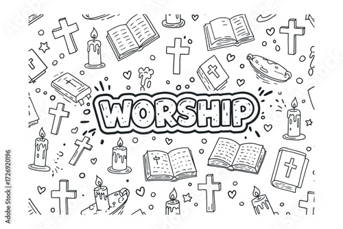 Worship event religious services churches graphic design spiritual environment top-down view faith concepts. Vector illustration