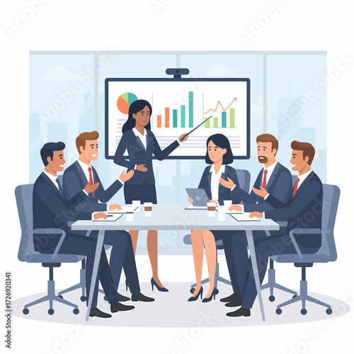 Business meeting where diverse professionals collaborate in a modern office, analyzing growth charts on a large screen