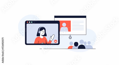 Online video conferencing and e-learning illustration featuring a speaker and participants in a virtual meeting setting