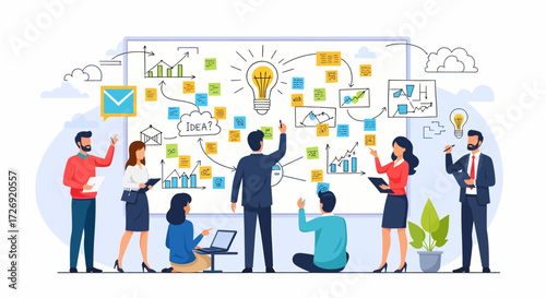 Professional team collaborating on an interactive whiteboard, brainstorming innovative ideas and strategizing solutions, analyzing data to drive project success and foster creative growth