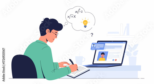 Illustration of a young man studying online and taking notes on a notebook, with a laptop open and a lightbulb icon symbolizing an idea