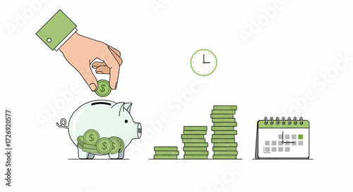 A hand is placing a coin into a piggy bank, symbolizing savings and financial growth with stacks of coins and a calendar representing time and planning
