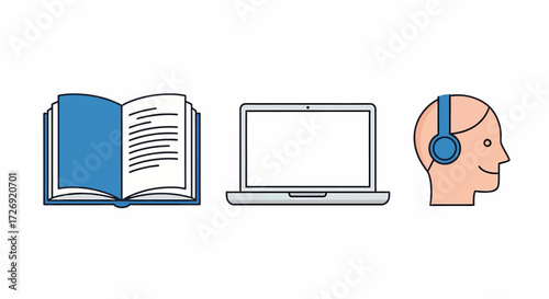 Visual representation of diverse learning and information access options encompassing traditional books, digital media, and audio-based knowledge acquisition methods