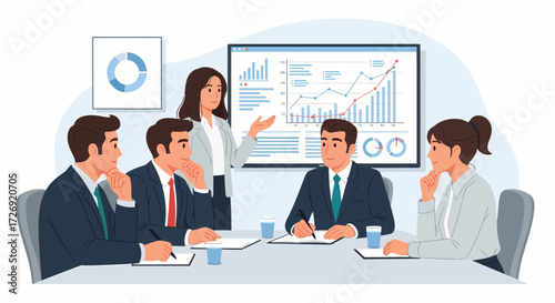 Business meeting with a presenter explaining charts on a screen to a group of attentive colleagues
