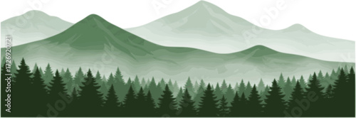 A misty, green mountain range with a forest of pine trees in the foreground.
