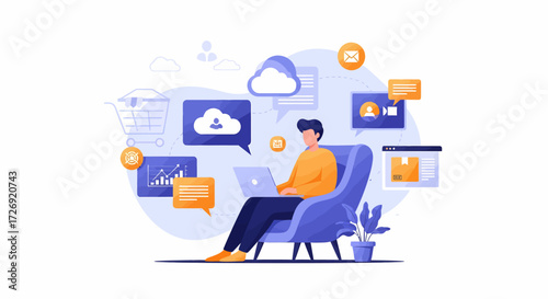 Vector concept of a person effortlessly managing digital life, integrating cloud services, e-commerce, and remote work on a laptop