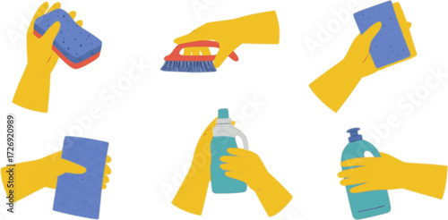 Collection of hands wearing protective rubber gloves and holding cleaning supplies. Sponge, eco detergent bottle, brush. Home cleanup housekeeping cleaners. Spring cleaning. Flat vector illustration