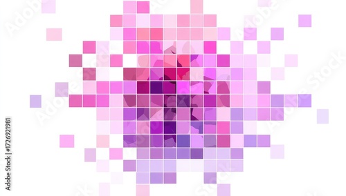 Abstract pixelated explosion of pink and purple squares on white background