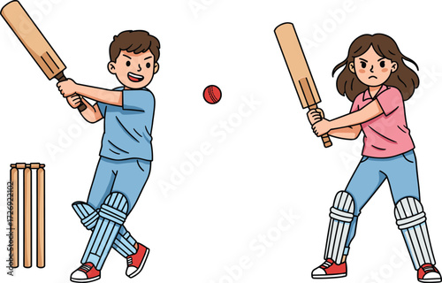 Children playing cricket, two kids batting, red ball action, protective gear, outdoor sports, teamwork, summer fun, dynamic movement, stumps visible