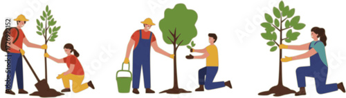 Environmental care horizontal poster. People planting trees, seedlings in city park. Environmental care and volunteerism concept. Engage for a greener future. Flat cartoon vector illustration