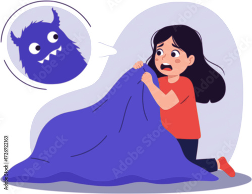 Kid nightmare illustration. A frightened girl has a bad dream, she is afraid of a monsters and pulling blanket. Sleep disorder, insomnia, childhood nightmares, bad dreams concept. Flat vector design