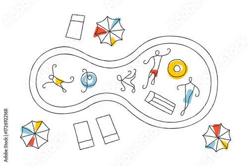People swimming in the pool top view stylised vector illustration