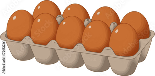 Ten fresh chicken eggs raw in a carton box on white background. Healthy eating or farm fresh concept, protein. Bright and clean design, minimal vector illustration