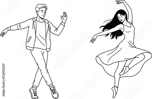 Cartoon Lifestyle Icons Featuring Dancers in Street and Ballet Styles, Energetic Mood, Performance Theme, and Expressive Movement Scene