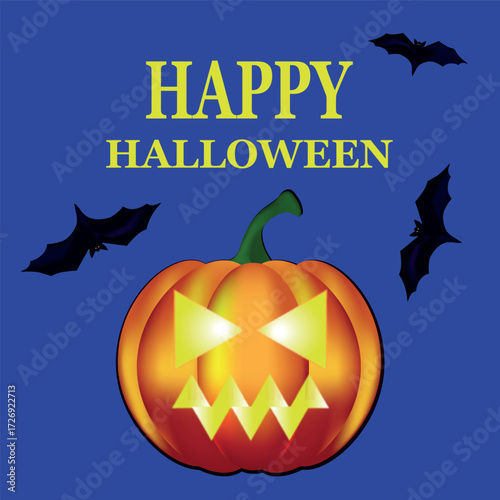 Happy Halloween card with pumpkin and bats