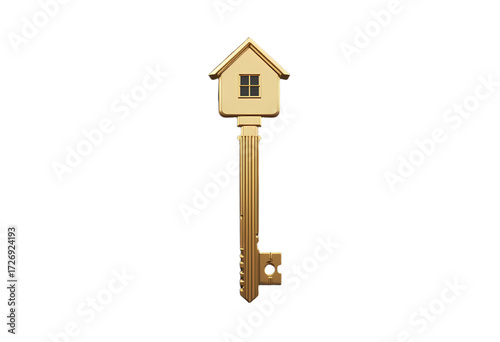 Conceptual golden key shaped like a house, symbolizing home ownership, security, and property investment. Great for real estate marketing, mortgage ads, housing concepts, and financial independence.