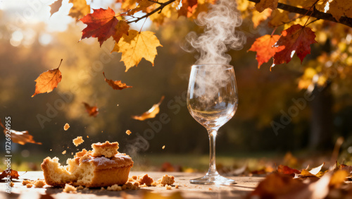 A steaming glass of wine and a partially eaten muffin on a wooden table surrounded by autumn leaves in a park.