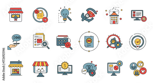 Collection of business elements representing various aspects of commerce and finance on a clean white backdrop, conveying a modern and professional theme.