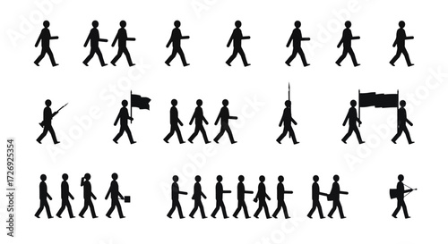 Silhouetted figures marching in protest carrying flags and banners representing social unrest and collective action in a minimalist style.