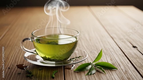 A steaming cup of green tea on a wooden table, radiating warmth.