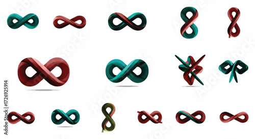 Infinity symbols intertwine and loop against a clean white surface, symbolizing eternity and endless possibilities in a modern, minimalist style.