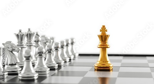 A golden king chess piece stands alone against silver pieces on a black and white checkered board